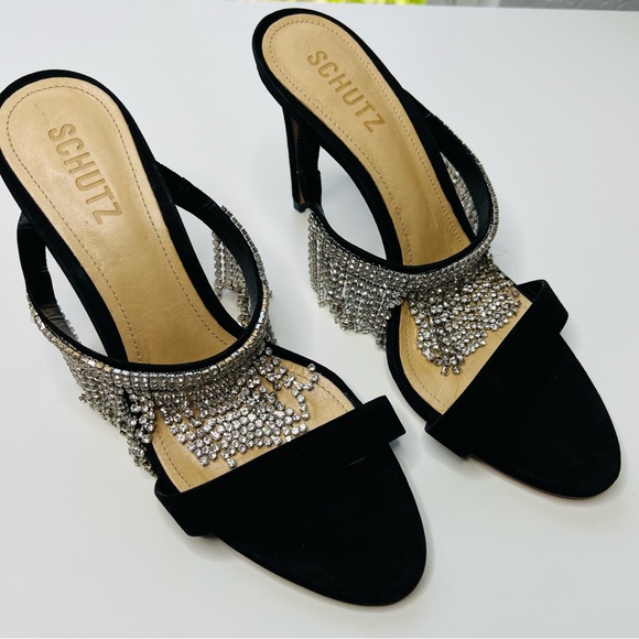 Schultz Heels w Rhinestone Sania Crystal Fringe Slide Sandal Size 8 Black Silver - Picture 2 of 8